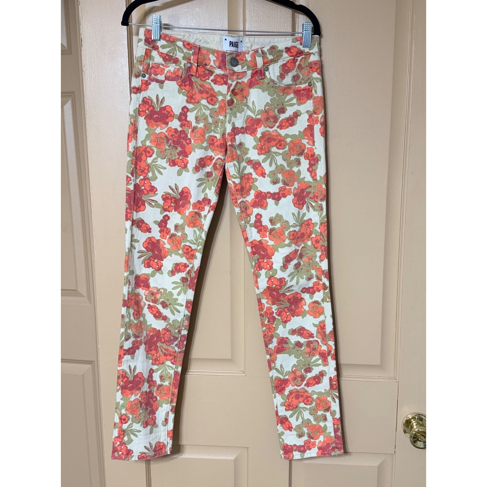 Paige Floral Skinny Jeans Red Orange Cream Botanical Print Low Rise Size 26